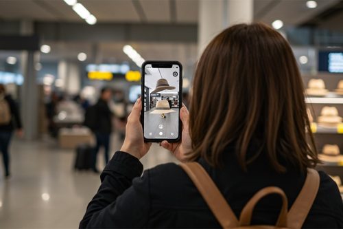 a passenger inspects virtual clothing items via her smartphone camera