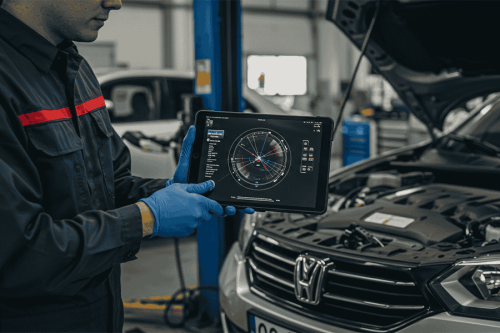 a mechanic diagnoses a car with AR and a tablet