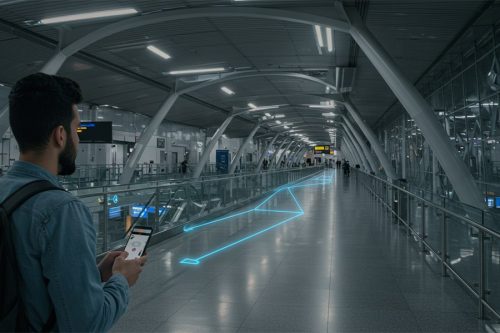 a man finds his way with the help of Augmented Reality in Airports