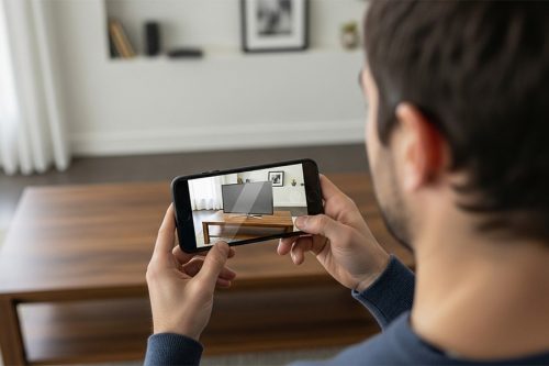 a man places a virtual TV in the real environment via AR capabalities