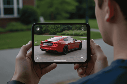 a man places a virtual car with AR in the real environment for inspection
