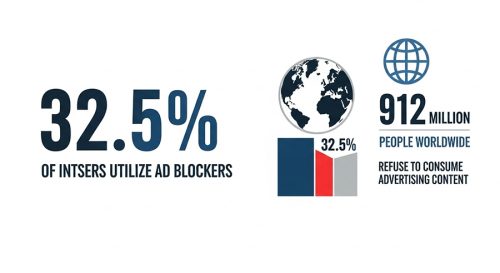 Infographic showing that 32.5% of internet users utilize ad blockers, representing about 912 million people worldwide who refuse to consume advertising content.