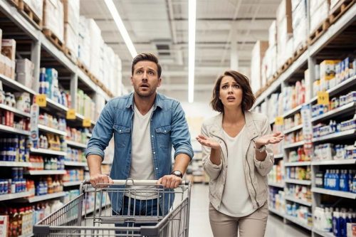 A confused couple stands in a supermarket aisle, looking around in frustration.