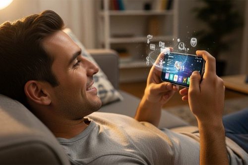 A man lies on a couch using his phone as holographic icons and visuals float above the screen, illustrating a continuous immersive event experience through mobile interaction.