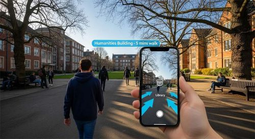 A person holds a smartphone showing an augmented reality navigation interface on a university campus, displaying arrows toward the library