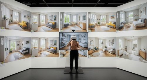 Person wearing a VR headset in front of a display wall showing various IKEA room designs, demonstrating an interactive virtual showroom experience.