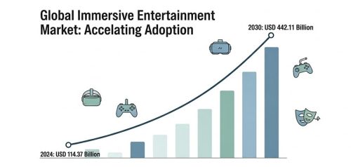 A bar chart shows the immersive entertainment market growing from $114.37 billion in 2024 to $442.11 billion by 2030, illustrating rapid adoption of immersive event technologies.