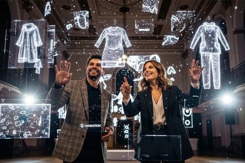 Two people interact with floating holographic clothing displays in an immersive, tech-driven retail environment.