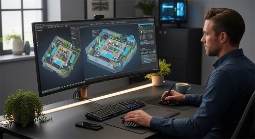 A designer works at a modern desk using a large curved monitor displaying a detailed 3D floor plan and navigation interface, representing the development of an intelligent digital wayfinding system