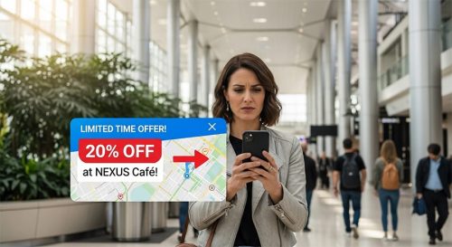 A woman stands in a modern indoor space, looking at her smartphone screen showing a navigation map with a pop-up offer