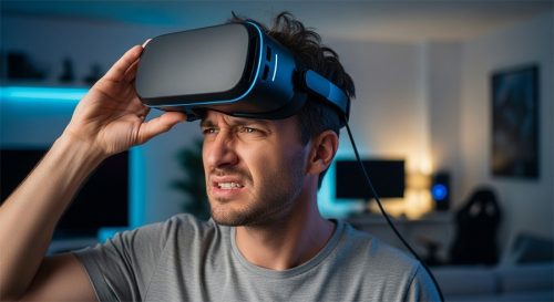 Man lifting his VR headset with a confused or uncomfortable expression, suggesting a poor or frustrating virtual reality experience.