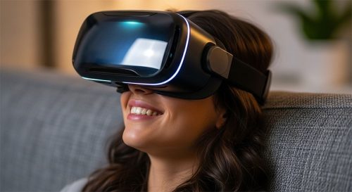 Woman smiling while wearing a VR headset, sitting on a couch and enjoying an immersive virtual experience.