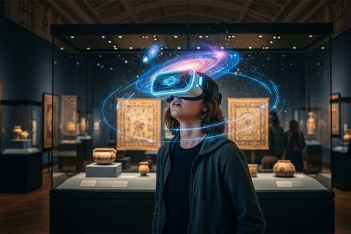 A museum visitor wears a VR headset while viewing a swirling digital galaxy overlay that enhances the real-world exhibits.