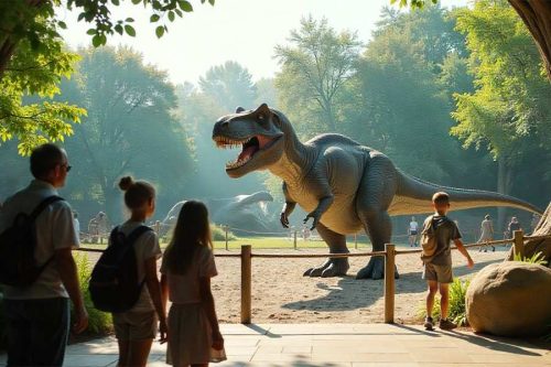 Visitors at a zoo viewing a life-sized virtual dinosaur through augmented reality attractions in an outdoor exhibit.